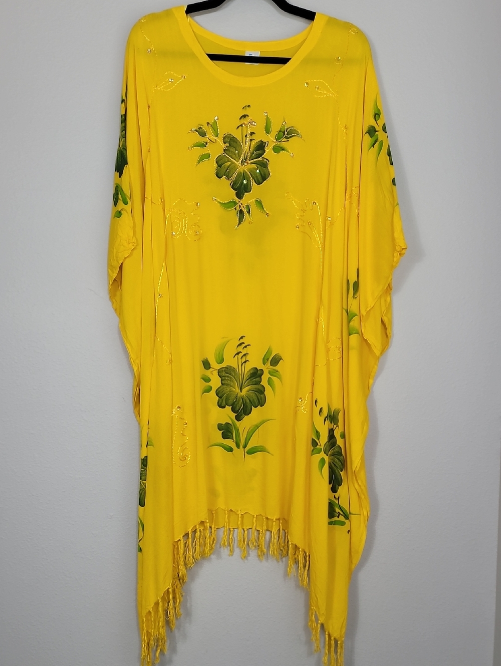 Island Planet Embroidered Kimono Poncho OS Yellow Tassel Boho Beach Coverup